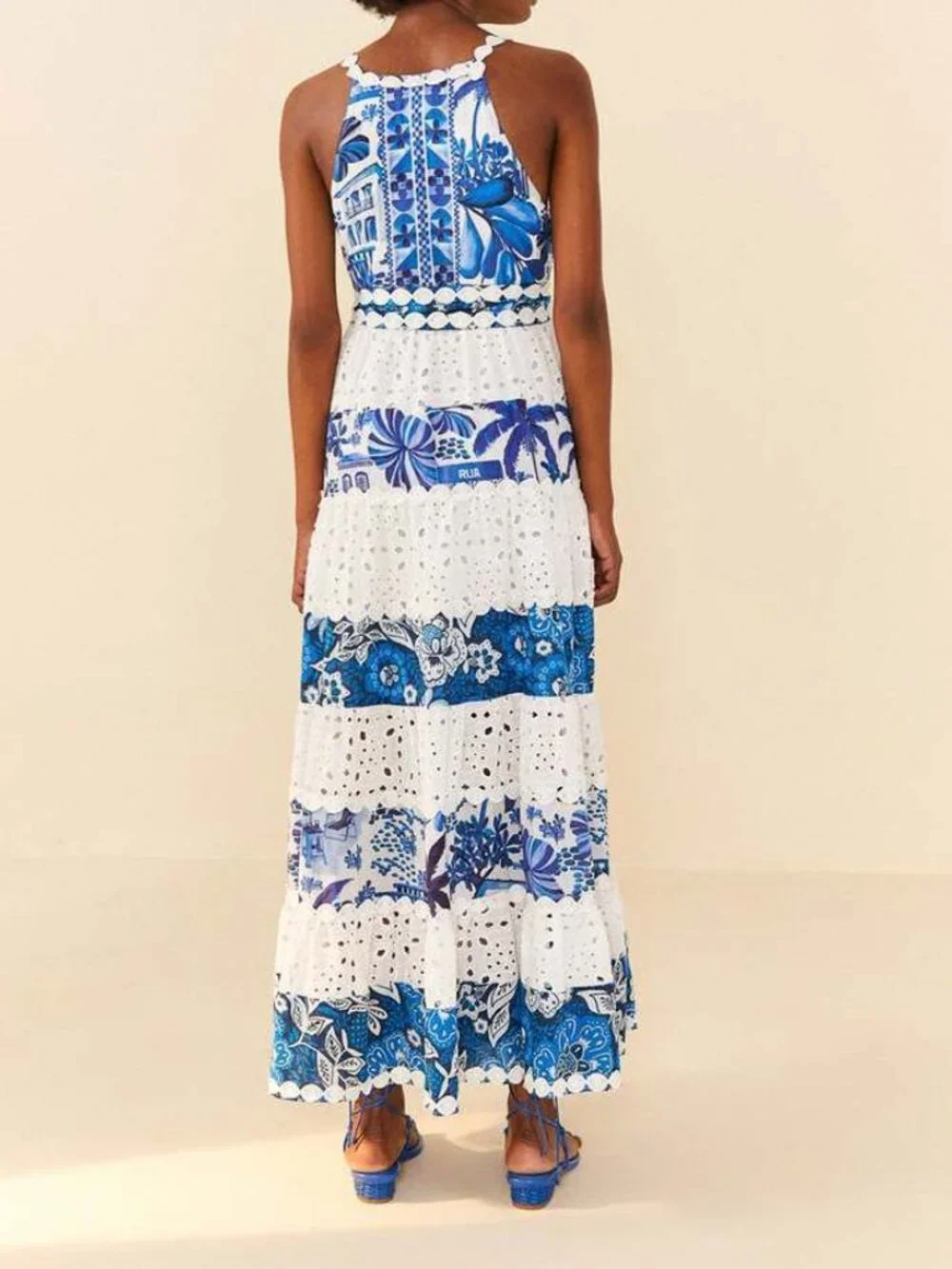FARM Rio Blue & White Floral Eyelet Tiered Maxi Dress with Waist Tie - Picture 2 of 10